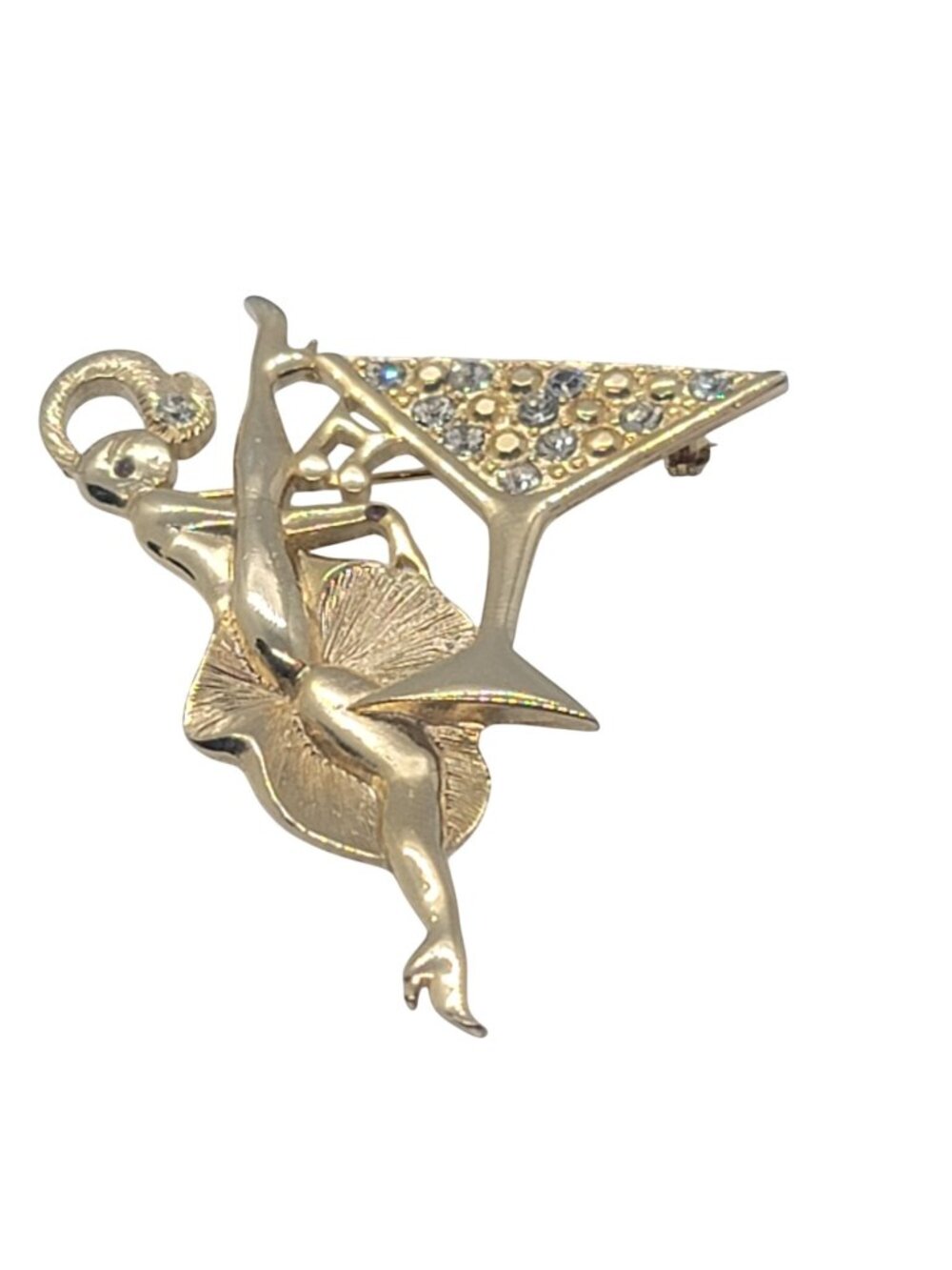 Gold-Toned Pin-Up Girl Rockette Martini Glass Brooch Rhinestones M J Ent Vtg